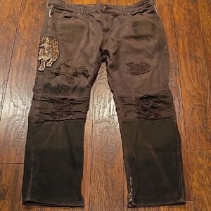 Brown Distressed Pants with Leopard Patch